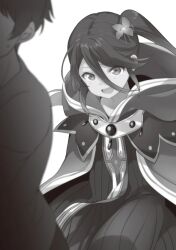  029 1boy 1girl blurry blush faceless faceless_male flower greyscale hair_between_eyes hair_flower hair_ornament hataraku_maou-sama! hooded_robe kamazuki_suzuno long_hair maou_sadao monochrome novel_illustration official_art open_mouth pants robe shirt short_hair side_ponytail sidelocks simple_background smile standing sweat t-shirt third-party_source wince 