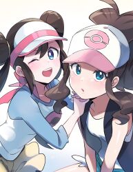 2girls :o ;d baseball_cap black_vest blue_eyes blue_shorts blush breasts brown_hair commentary_request double_bun hair_bun hands_on_another's_shoulder hat high_ponytail highres hilda_(pokemon) kio_mpi looking_at_viewer medium_breasts multiple_girls one_eye_closed pokemon pokemon_bw pokemon_bw2 ponytail raglan_sleeves rosa_(pokemon) shirt shorts sidelocks sleeveless sleeveless_shirt small_breasts smile twintails vest visor_cap white_background yellow_shorts 
