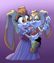  2girls animal_ears animal_nose arm_up ascot blue_ascot blue_bow blue_ribbon bow breasts carrying child_carry commentary cream_the_rabbit dress english_commentary eyelashes flower furry furry_female gloves gradient_background highres holding holding_flower jacket jens_drawings lifting_person looking_at_another medium_breasts mother_and_daughter multiple_girls open_mouth orange_eyes orange_hair orange_shoes puffy_short_sleeves puffy_sleeves purple_background purple_dress rabbit_ears rabbit_girl rabbit_tail red_dress red_jacket ribbon shoes short_sleeves signature sleeveless sleeveless_jacket smile sonic_(series) tail vanilla_the_rabbit white_gloves yellow_fur 