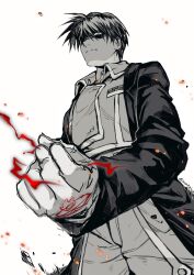  1boy amestris_military_uniform clenched_hand closed_mouth coat collared_coat cowboy_shot frown fullmetal_alchemist gloves highres long_sleeves male_focus military_uniform partially_shaded_face roy_mustang short_hair simple_background solo spot_color standing white_background wing_collar xue_ezi 