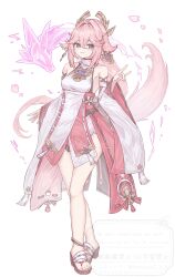  1girl absurdres animal_ears bare_shoulders blush breasts closed_mouth commentary_request detached_sleeves dress floppy_ears fox_ears fox_girl fox_shadow_puppet fox_tail full_body fumicode2_3 genshin_impact hair_between_eyes hair_ornament hand_up highres long_hair long_sleeves looking_at_viewer pink_hair revision sandals simple_background smile solo standing tail toes very_long_hair violet_eyes vision_(genshin_impact) white_background white_dress wide_sleeves yae_miko 