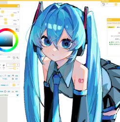  1girl :< all_fours art_program_in_frame art_program_request backlighting bare_shoulders black_skirt black_sleeves black_thighhighs blue_eyes blue_hair blue_necktie blue_trim breasts closed_mouth collared_shirt commentary_request cowboy_shot detached_sleeves double-parted_bangs expressionless eyes_visible_through_hair frown grey_shirt hair_between_eyes hair_intakes hair_ornament hatsune_miku headphones highres light_blush long_hair long_sleeves looking_at_viewer miniskirt n._(plaw_01) necktie no_eyebrows number_tattoo pleated_skirt shirt shoulder_tattoo simple_background skindentation skirt sleeveless sleeveless_shirt small_breasts solo tattoo thick_eyelashes thigh-highs twintails very_long_hair vocaloid white_background zettai_ryouiki 