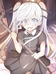  1girl absurdres aged_down black_dress blue_eyes child cinderella_(nikke) commentary_request dot_nose dress goddess_of_victory:_nikke highres holding long_hair looking_at_viewer nenemu0 open_mouth sidelocks solo standing torn_clothes torn_dress tube twintails very_long_hair white_hair 