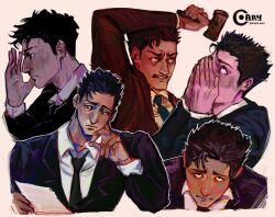  1boy arm_up black_hair black_jacket black_necktie commentary cropped_torso english_commentary gavel highres higuruma_hiromi holding holding_paper jacket jujutsu_kaisen layered_sleeves long_sleeves male_focus multiple_views necktie paper polinomnomart shirt short_hair short_sideburns sideburns simple_background sneer suit_jacket white_shirt wing_collar 