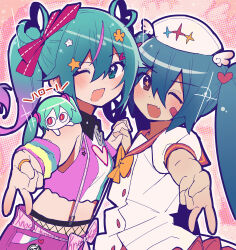  2girls ;d aimaina bandaid bandaid_on_cheek bandaid_on_face bare_shoulders blue_hair blush bow bowtie brown_eyes commentary_request crop_top cropped_shirt dot_nose double-parted_bangs dress dual_peraona english_commentary fang gradient_hair green_eyes green_hair hair_between_eyes hair_ornament hat hatsune_miku highres holding_hands interlocked_fingers long_hair looking_at_viewer m@gical_cure!_love_shot!_(vocaloid) mixed-language_commentary multicolored_hair multiple_girls nurse_cap one_eye_closed open_mouth outline pink_shirt pink_streaks red_sailor_collar sailor_collar sawtowne shirt short_sleeves single_hair_streak skin_fang sleeveless sleeveless_shirt smile star-shaped_pupils star_(symbol) streaked_hair suspenders symbol-shaped_pupils twintails upper_body vocaloid white_dress white_hat white_outline wing_hair_ornament yellow_bow yellow_bowtie 