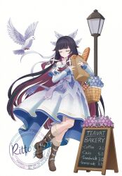  1girl bag basket bird black_hair bread closed_eyes closed_mouth collarbone colored_inner_hair columbina_(genshin_impact) commentary_request dress feathered_wings food full_body genshin_impact gold_trim hair_ribbon head_wings highres lamppost long_sidelocks menu multicolored_hair multiple_wings paper_bag pink_hair podomascha ribbon sidelocks simple_background smile white_background white_bird white_dress white_ribbon wings 