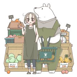  1girl apron bear black_eyes blue_pants box bright_pupils commentary_request east_sha2 food fruit full_body green_apron grey_hair grey_shirt hand_in_pocket highres holding holding_food looking_at_viewer low_ponytail mango medium_hair melon open_mouth orange_(fruit) original pants pineapple polar_bear ponytail price_tag sandals shirt shop shopping_basket sign sleeveless standing watermelon white_background wooden_box 
