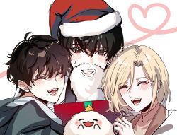  1girl 2boys aegyo_sal biyoo_(omniscient_reader's_viewpoint) black_eyes black_hair blonde_hair bob_cut brown_hair closed_eyes fake_beard fake_facial_hair gift grin hands_up hat heart highres holding holding_gift kim_dokja lee_gilyoung looking_at_viewer multiple_boys ochanomuu omniscient_reader's_viewpoint santa_costume santa_hat shin_yoosung short_hair smile 