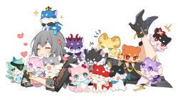  1girl aglaea_(honkai:_star_rail) aglaea_(oatmeal)_(honkai:_star_rail) anaxa_(honkai:_star_rail) anaxa_(nanus)_(honkai:_star_rail) animal_hug animal_on_head black_boots black_coat black_gloves boots castorice_(butterfly_cake)_(honkai:_star_rail) castorice_(honkai:_star_rail) cerydra_(dux_beast)_(honkai:_star_rail) cerydra_(honkai:_star_rail) chimera_(honkai:_star_rail) chrysos_heirs_(honkai:_star_rail) cipher_(honkai:_star_rail) cipher_(master_cat-thief)_(honkai:_star_rail) closed_eyes closed_mouth coat commentary_request cyrene_(cyrup)_(honkai:_star_rail) cyrene_(demiurge)_(honkai:_star_rail) cyrene_(honkai:_star_rail) dan_heng_(honkai:_star_rail) dan_heng_(permansor_terrae)_(honkai:_star_rail) dan_heng_(toasty_dragon)_(honkai:_star_rail) evernight_(gummy_roll)_(honkai:_star_rail) evernight_(honkai:_star_rail) feet_up full_body gloves grey_hair happy heart hei_lang high_heel_boots high_heels highres honkai:_star_rail honkai_(series) hyacine_(honkai:_star_rail) hyacine_(krenabis)_(honkai:_star_rail) hysilens_(gurgling_fish)_(honkai:_star_rail) hysilens_(honkai:_star_rail) long_hair lying march_7th_(honkai:_star_rail) mydei_(fig_stew)_(honkai:_star_rail) mydei_(honkai:_star_rail) on_head on_stomach phainon_(honkai:_star_rail) phainon_(vigethos)_(honkai:_star_rail) simple_background sparkle stelle_(honkai:_star_rail) trailblazer_(honkai:_star_rail) tribbie_(candied_apple)_(honkai:_star_rail) tribbie_(honkai:_star_rail) white_background 