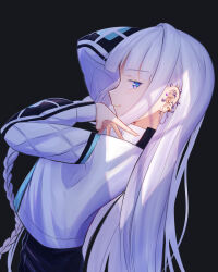  1girl black_background braid commentary_request ear_piercing from_side haru_(cevio) highres long_hair looking_at_viewer misho39 piercing side_braid smile straight_hair white_hair 