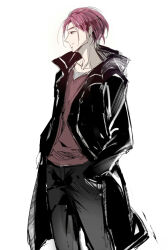  1boy 2y black_coat black_pants closed_mouth coat collarbone commentary_request free! hands_in_pockets looking_to_the_side matsuoka_rin open_clothes open_coat pants red_hair short_hair simple_background standing v-neck white_background 