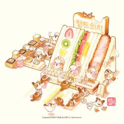  +_+ animal artist_name bag basket bird bread bread_slice chef_hat chibi chibi_only commentary_request copyright_notice curtains cutting eating food fried_egg fruit fruit_sandwich hat heart holding holding_bag holding_knife knife korean_commentary lettuce meat no_humans original oversized_food oversized_object pineapple plant potted_plant sandwich sign simple_background spoken_food spoken_heart strawberry talbi tomato tomato_slice watermark 