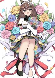  1girl absurdres animal_ears asymmetrical_footwear black_shoes blue_flower blue_rose blush bouquet brown_hair commentary_request crossed_bangs curren_bouquetd'or_(umamusume) dress elbow_gloves floral_background floral_print floral_print_dress flower gloves hair_between_eyes highres holding holding_bouquet horse_ears horse_girl horse_tail long_hair looking_at_viewer mismatched_ear_covers mismatched_footwear multicolored_hair open_mouth pink_flower pink_rose print_dress purple_flower purple_rose red_flower red_rose rose shoes smile solo streaked_hair tail umamusume wakaraaan white_dress white_gloves white_shoes white_streaks yellow_flower yellow_rose 