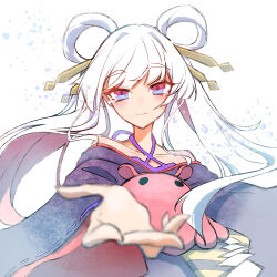  1girl amenoma_(pixiv_118813560) blue_eyes blue_kimono cho_kaguya-hime! colored_inner_hair commentary crying crying_with_eyes_open hair_rings japanese_clothes kimono long_hair multicolored_hair off_shoulder offering_hand pink_eyes pink_hair runami_yachiyo solo tears twintails white_hair 