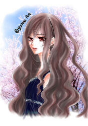  1girl blue_dress brown_hair cherry_blossoms commentary deviantart_logo dress kuran_ai long_hair outdoors pink_lips profile sleeveless sleeveless_dress solo upper_body vampire_knight_memories wavy_hair yunokiart 