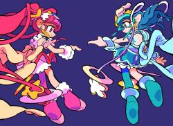  2girls anklet aqua_eyes aqua_hair blunt_bangs bracelet bubble_skirt commentary cure_milky cure_star dress earrings from_behind full_body hagoromo_lala hair_ornament highres hoshina_hikaru jewelry long_hair looking_at_another magical_girl multiple_girls pink_dress pink_eyes pink_hair precure profile purple_background see-through_clothes see-through_sleeves skirt smile sono_(samusu_gi) star_(symbol) star_earrings star_hair_ornament star_twinkle_precure twintails untranslatable_commentary very_long_hair 