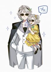  +++ 2girls absurdres alternate_costume beryl_bouanich black_coat black_shoes carrying carrying_person child_carry coat coat_on_shoulders cowboy_shot crescent crescent_earrings cropped_legs crystallization dragonfly_hair_ornament dress earrings facing_viewer grey_hair highres jacket jewelry jo_jun long_sleeves matilda_bouanich mother_and_daughter multiple_girls one_side_up pants puffy_short_sleeves puffy_sleeves reverse:1999 shoes short_hair short_sleeves smile sparkle speech_bubble sunglasses tongue tongue_out white_background white_jacket white_pants yellow_dress 