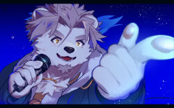  1boy bear bear_boy commentary_request facial_hair finger_gun furry furry_male goatee grey_hair himiya_narumi holding holding_microphone indie_virtual_youtuber male_focus microphone nanaisan_(713) necktie open_mouth orange_eyes pawpads polar_bear short_hair solo upper_body virtual_youtuber yellow_necktie 