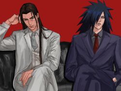  2boys absurdres black_hair brown_eyes brown_hair closed_mouth collared_shirt cracked_skin crossed_legs feet_out_of_frame formal_clothes grey_eyes grey_jacket grey_necktie grey_shirt grey_suit hair_over_one_eye hand_in_own_hair highres jacket long_hair male_focus multiple_boys naruto_(series) naruto_shippuuden necktie parted_lips red_background red_necktie senju_hashirama shirt sitting spiky_hair suit tinzng1518388 uchiha_madara vest waistcoat white_shirt white_vest 