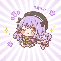  1girl ;) beret black_bow black_hat black_skirt blue_hair blush_stickers bow brown_eyes chibi closed_mouth commentary_request crescent eyepatch hair_bow hat heart heart_eyepatch highres holding holding_stuffed_toy jacket layered_skirt long_sleeves mitarashi_neko multicolored_hair notice_lines one_eye_closed pink_jacket pleated_skirt puffy_long_sleeves puffy_sleeves purple_hair shinomiya_runa skirt sleeves_past_wrists smile solo striped_bow stuffed_animal stuffed_cat stuffed_toy sunburst sunburst_background translation_request two-tone_hair two_side_up v virtual_youtuber vspo! 
