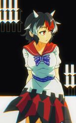  1girl absurdres arrow_print black_hair blue_bow blue_bowtie bow bowtie breasts chinese_commentary commentary_request dress ear_piercing fang highres horns kijin_seija looking_to_the_side medium_breasts multicolored_dress multicolored_hair piercing red_eyes short_hair short_sleeves sleepymoon solo touhou two-tone_background white_dress 