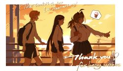  1boy 2girls absurdres aged_down ahoge anniversary backpack bag bailey_(degrees_of_lewdity) bailey_(female)_(degrees_of_lewdity) baozishark black_hair blush book brown_hair character_request collared_shirt commentary_request degrees_of_lewdity eden_(degrees_of_lewdity) eden_(female)_(degrees_of_lewdity) english_text highres holding holding_book ice_cream_cone multiple_girls open_mouth pleated_skirt pointing shirt shorts skirt smile speech_bubble spoken_food the_snake's_shadow utility_pole 