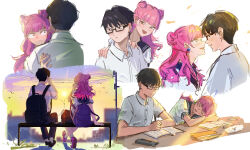  1boy 1girl backpack bag black-framed_eyewear black_eyes black_hair black_pants blue_sailor_collar blush cellphone closed_mouth commentary_request constricted_pupils couple cropped_torso double_bun dress_shirt earphones earrings es_limi eye_contact face-to-face flustered from_behind glasses hair_bun hands_on_another's_shoulders heart heart_earrings hetero highres hug jewelry listening_to_music long_hair looking_at_another multiple_views notebook on_bench open_mouth pants pen pencil_case phone pink_hair power_lines sailor_collar saliva school_uniform seihantai_na_kimi_to_boku semi-rimless_eyewear shared_earphones shirt short_hair short_sleeves simple_bird sitting sleeping smartphone smile sunset suzuki_miyu tani_yuusuke_(seihantai_na_kimi_to_boku) under-rim_eyewear utility_pole white_shirt wide-eyed yellow_eyes zzz 