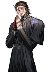  1boy babmug0416 beard_stubble belt_collar blood blood_from_mouth brown_hair cassock clerical_collar collar cowboy_shot cross_pendant crying crying_with_eyes_open facial_hair furrowed_brow gregor_(project_moon) hair_slicked_back head_tilt highres holding holding_jewelry holding_necklace jewelry la_manchaland_(identity)_(project_moon) limbus_company looking_at_viewer male_focus mullet necklace official_alternate_costume parted_lips project_moon red-tinted_eyewear red_eyes solo stubble tears tinted_eyewear worried 