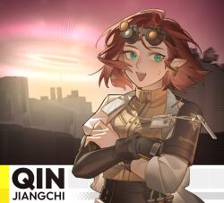  1girl :d absurdres arknights arknights:_endfield brown_shirt character_name crossed_arms goggles goggles_on_head green_eyes highres id_card jacket khaos259 lanyard medium_hair nervous_smile nervous_sweating open_clothes open_jacket open_mouth pink_sky pointy_ears qin_jiangchi_(arknights) red_hair shirt sky smile solo sweat sweatdrop upper_body white_jacket 