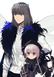  1boy 1girl absurdres black_bow black_dress black_hat bow braid cape carrying carrying_person carrying_under_arm commentary_request ddukbaegihunt doll_joints dress expressionless fate/grand_order fate_(series) fur-trimmed_cape fur_trim grey_eyes grey_hair hat highres insect_wings joints long_hair long_sleeves nursery_rhyme_(fate) oberon_(fate) oberon_(third_ascension)_(fate) shirt simple_background spoilers twin_braids violet_eyes white_background white_shirt wings 