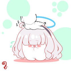  1other ahoge black_hairband blue_archive blush chibi colored_shadow commentary_request disembodied_hand flying_sweatdrops grey_hair hairband halo headpat highres kurukurumagical long_hair long_sleeves millennium_science_school_student_b_(blue_archive) motion_lines open_mouth own_hands_together sensei_(blue_archive) shadow simple_background solo_focus standing very_long_hair wavy_mouth white_background 