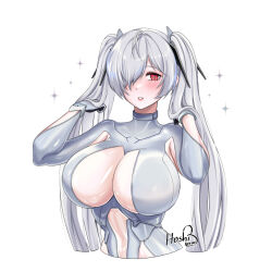  1girl armpit_cutout artist_name blush bodysuit breast_cutout breasts cinderella_(nikke) clothing_cutout goddess_of_victory:_nikke hair_over_one_eye hoshiberuu impossible_clothes large_breasts looking_at_viewer red_eyes signature simple_background solo stomach_cutout twintails upper_body white_background white_bodysuit white_hair 