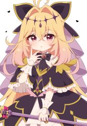  1girl antenna_hair black_bow black_dress black_necktie blonde_hair bow braid brooch commentary_request cure_arcana_shadow dress earrings finger_to_cheek gloves gradient_hair hair_between_eyes hair_intakes hair_ornament half_up_braid heart heart_brooch highres holding holding_rod jewelry long_hair looking_at_viewer magical_girl maju_risa meitantei_precure! moria_luluka multicolored_hair necktie pink_eyes pink_hair precure purple_nails purple_veil rod simple_background solo tear_arcana_rod thighs veil wand white_background white_gloves 