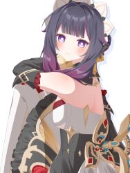  1girl absurdres black_dress black_hair black_sleeves blunt_bangs blush closed_mouth columbina_(genshin_impact) commentary_request cosplay detached_sleeves dress from_side genshin_impact highres kokoaji_(koko_aj1) long_sidelocks looking_at_viewer looking_to_the_side pantyhose sandrone_(genshin_impact) sandrone_(genshin_impact)_(cosplay) sidelocks simple_background sitting smile solo unusually_open_eyes violet_eyes white_background white_pantyhose 