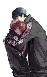  2boys 2y black_hair black_jacket commentary_request free! hand_on_another's_back hand_on_another's_head height_difference hug jacket male_focus matsuoka_rin multiple_boys red_hair short_hair sideburns simple_background track_suit white_background yamazaki_sousuke 