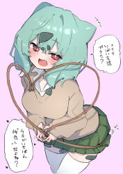  +++ 1girl absurdres bandaid bandaid_on_leg breasts brown_sweater bulbasaur collared_shirt commentary_request fang fukutchi green_hair green_skirt heart highres humanization looking_at_viewer open_mouth pink_background plant pleated_skirt pokemon pokemon_pokopia red_eyes shirt simple_background skirt smile solo sweater thigh-highs translation_request vines white_shirt white_thighhighs 