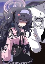  1boy 1girl ^_^ absurdres alternate_costume alternate_hairstyle arm_at_side balenjeong black_bow black_bowtie black_choker black_hair black_nails black_skirt blue_archive blush book bow bowtie choker closed_eyes commentary_request cowboy_shot crescent crescent_hair_ornament cross cross_earrings detached_sleeves doodle_sensei_(blue_archive) earrings empty_eyes frilled_skirt frills hair_ornament hair_ribbon hairband hairclip halo heart heart_hair_ornament highres holding holding_another's_arm holding_book jewelry jirai_kei korean_commentary long_hair nail_polish pink_shirt puffy_sleeves purple_hairband ribbon sensei_(blue_archive) shaded_face shirt single_earring skirt smile solo_focus spoken_character twintails ui_(blue_archive) wavy_mouth white_shirt x_hair_ornament 