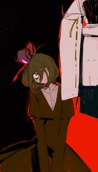  2girls black_background dress green_dress green_hair hair_over_one_eye hat highres japanese_clothes kariginu medium_hair mononobe_no_futo multiple_girls one_eye_covered out_of_frame perro090119 robe simple_background soga_no_tojiko tate_eboshi touhou upturned_eyes v_arms white_robe wide-eyed wide_sleeves 