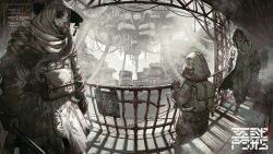  3others back backpack bag coat fisheye full_body gas_mask grey_hoodie hat holding holding_weapon hood hoodie kura1582 logo long_coat mask monochrome multiple_others open_clothes open_coat original rice_hat scenery science_fiction watermark weapon 