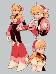  1girl absurdres alia_(mega_man) android artist_name black_bodysuit blonde_hair blue_eyes bodysuit breasts closed_mouth commentary english_commentary grey_background hair_between_eyes headset highres medium_hair mega_man_(series) mega_man_x8 mega_man_x_(series) milaisadoodles multiple_views open_mouth smile 