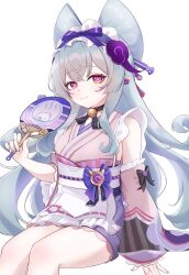  1girl absurdres apron aqua_hair blush closed_mouth commentary_request folding_fan frilled_apron frilled_hairband frills genshin_impact hair_between_eyes hair_ornament hairband hand_fan hands_on_own_face highres holding holding_fan iroha_(mimi0618xx) japanese_clothes kimono long_hair long_sleeves looking_at_viewer maid maid_apron maid_headdress nihongami pink_kimono pointy_ears simple_background smile solo upper_body very_long_hair violet_eyes wa_maid white_apron white_background yumemizuki_mizuki 