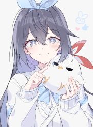  1girl 6_(yuchae) animal bird black_hair blue_eyes blue_hair bow bright_pupils collared_shirt colored_inner_hair commentary_request grey_eyes hair_between_eyes holding holding_animal holding_bird honkai_(series) honkai_impact_3rd jingwei_(bird) korean_commentary light_blush long_hair long_sleeves looking_at_viewer multicolored_hair official_alternate_costume seele_vollerei seele_vollerei_(herrscher_of_rebirth) shirt sidelocks smile sweater very_long_hair 