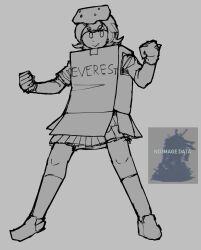  1girl 404 absurdres box cardboard_armor cardboard_box cardboard_costume clenched_hands closed_mouth commentary cosplay curly_hair english_commentary english_text everest_(lancer_rpg) fighting_stance greyscale highres http_status_code kneehighs lancer_rpg legs_apart long_sleeves mask mask_on_head monochrome original pleated_skirt reference_inset shirt shoes short_hair skirt sleeves_rolled_up smile socks solo tape v-shaped_eyebrows yadana324 