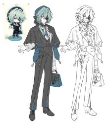  1boy anaxa_(honkai:_star_rail) anaxa_(impression)_(honkai:_star_rail) bag bbang_kyokk beret black_capelet black_pants black_shoes black_vest capelet closed_mouth commentary eyepatch full_body green_hair hair_over_shoulder handbag hat highres holding holding_bag honkai:_star_rail honkai_(series) light_smile long_hair looking_at_viewer male_focus multiple_views official_alternate_costume pants ponytail reference_inset shirt shoes simple_background untranslatable_commentary vest white_background white_shirt 