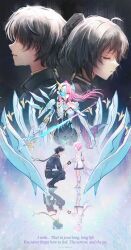  1boy 2girls absurdres adoptive_parent_and_adoptive_child aemeath_(wuthering_waves) aemeath_(young)_(wuthering_waves) artist_name black_dress black_hair black_jacket black_pants breasts closed_eyes commentary crying different_reflection dress dual_persona elbow_gloves elbow_pads english_commentary english_text exostrider_(wuthering_waves) female_rover_(wuthering_waves) gloves hair_ornament highres jacket long_hair long_sleeves looking_at_viewer male_rover_(wuthering_waves) medium_breasts morted_art multiple_girls orange_eyes pants pink_hair reflection rover_(wuthering_waves) split_theme squatting taking_another's_hand white_dress white_gloves wuthering_waves 