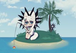  1girl :3 animal_ear_fluff animal_ears beret black-framed_eyewear black_socks blue_eyes blue_ribbon blue_sailor_collar blue_skirt blue_sky blush closed_mouth clouds commentary_request day fishing_line fishing_rod fox_ears fox_girl fox_tail glasses hair_between_eyes hat holding holding_fishing_rod horizon long_sleeves neck_ribbon ocean original outdoors palm_tree pleated_skirt puffy_long_sleeves puffy_sleeves ribbon round_eyewear sailor_collar saisoku_no_yukkuri shirt sitting skirt sky socks solo_focus tail tree water white_hat white_shirt 