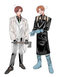  2boys :< ahoge apron are_yoyou axe axis_powers_hetalia battle_axe black_apron black_shirt blue_boots blue_gloves blush boots brothers brown_hair brown_shoes brown_vest buttons closed_eyes closed_mouth coat collared_coat collared_shirt flag_print formal_clothes full_body gloves green_eyes grey_gloves grey_pants half-closed_eyes highres holding holding_axe holding_weapon italian_flag italian_flag_print jacket lapels long_sleeves looking_at_viewer male_focus multiple_boys necktie northern_italy_(hetalia) official_alternate_costume open_clothes open_coat open_mouth orange_hair pants rubber_boots rubber_gloves see-through_clothes see-through_coat shirt shoes short_hair siblings simple_background smile southern_italy_(hetalia) standing suit suit_jacket sweatdrop teeth tongue twins vest weapon white_background white_jacket white_pants 