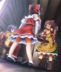  3girls apron bell black_shoes book boots bow brown_boots brown_hair checkered_clothes checkered_kimono clothes_writing commentary_request dazonipsf detached_sleeves frilled_bow frilled_skirt frills green_kimono hair_bell hair_bow hair_ornament hakama hakama_skirt hakurei_reimu hieda_no_akyuu holding holding_book japanese_clothes jingle_bell kimono lace-up_boots long_hair long_sleeves motoori_kosuzu multiple_girls pink_eyes purple_hair red_bow red_skirt ribbon-trimmed_skirt ribbon-trimmed_sleeves ribbon_trim shoes sitting skirt skirt_set smile socks table touhou violet_eyes white_socks wide_sleeves yellow_apron yellow_kimono 