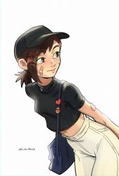  1girl bag bandaid bandaid_on_arm baseball_cap bent_over black_hat brown_eyes brown_hair chainsaw_man chromatic_aberration commentary cowboy_shot crop_top crop_top_overhang cropped_shirt english_commentary hair_ornament hat higashiyama_kobeni high-waist_pants highres kirtome looking_to_the_side low_ponytail midriff mole mole_above_mouth mole_under_mouth multiple_moles pants pin pochita_(chainsaw_man) ponytail shirt solo turtleneck turtleneck_shirt x_hair_ornament 