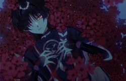  1boy armor artist_name bishounen black_bodysuit black_hair black_kimono black_nails black_sleeves blunt_ends bodysuit commentary covered_collarbone dutch_angle english_commentary eyelashes field fingernails flower flower_field from_above furisode genshin_impact gold hands_on_own_chest highres japanese_armor japanese_clothes jewelry juban kimono kote kurokote layered_sleeves looking_at_viewer lying male_focus mandarin_collar mitsudomoe_(shape) neck_ring on_back on_flower open_clothes open_kimono parted_lips pink_lips purple_sleeves red_flower red_kimono scaramouche_(genshin_impact) sharp_fingernails shio_(ixyo) short_sleeves solo tomoe_(symbol) tsurime violet_eyes white_kimono white_mouth wispy_bangs 